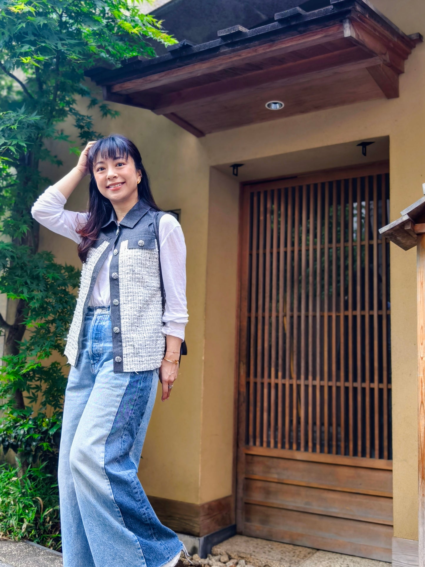 Collared tweed x denim blouse
