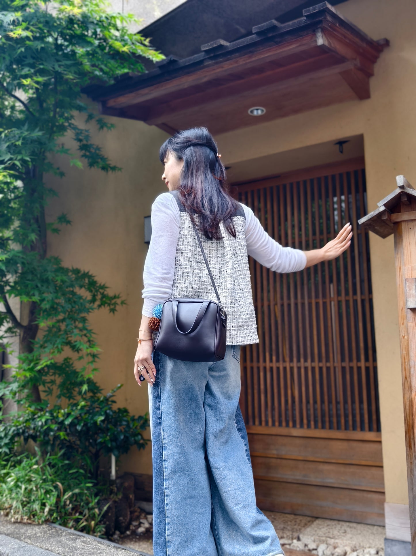 Collared tweed x denim blouse