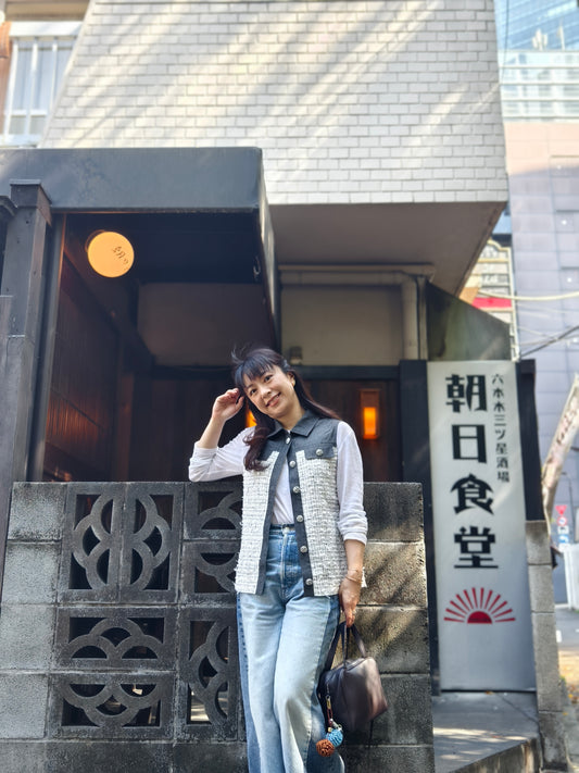 Collared tweed x denim blouse