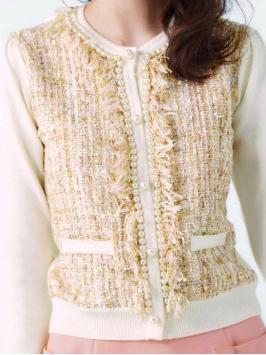Pearls' Fringes Decorated Knit Tweed